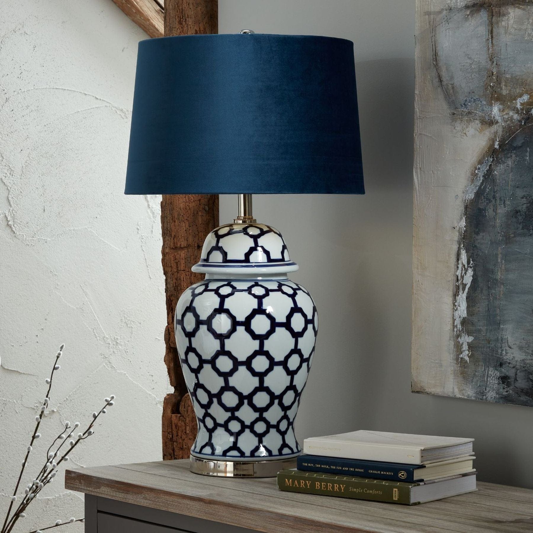 Hill Interiors Table lamp Acanthus Blue And White Ceramic Lamp With Blue Velvet Shade